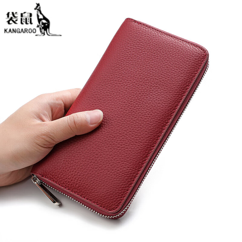 Kangaroo (KANGAROO) 2024 Qixi Women's Genuine Leather Long Wallet First-layer Cowhide Women's Clutch Wallet First-layer Cowhide Burgundy Collection Priority Shipping