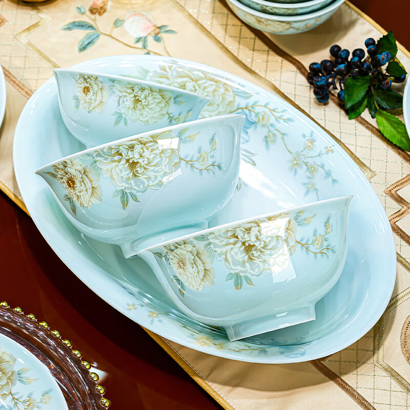 NINE CRANES Jingdezhen 2024 Celadon Tableware Set Light Luxury High-end Dishes Set Home Moving Bowl and Chopsticks Plate Set Celadon 10-Person Set High-end Brocade Box 70 Pieces