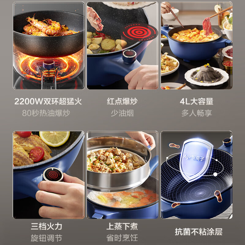 SUPOR electric wok, electric cooking pot, electric hot pot, electric steamer, household multi-function steaming and cooking, integrated electric hot pot 4L multi-purpose CJ28A816 with steamer