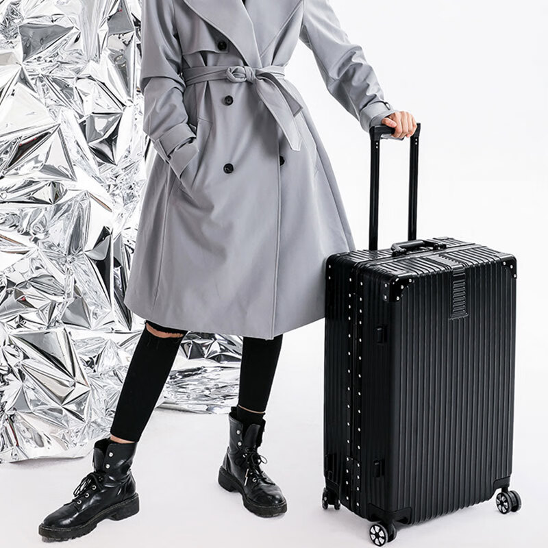 Pull-back suitcase, thickened aluminum frame, durable suitcase, universal wheels, boardable suitcase, large-capacity password box, retro scratch-resistant aluminum frame - noble black 24 inches (medium and long-distance travel)