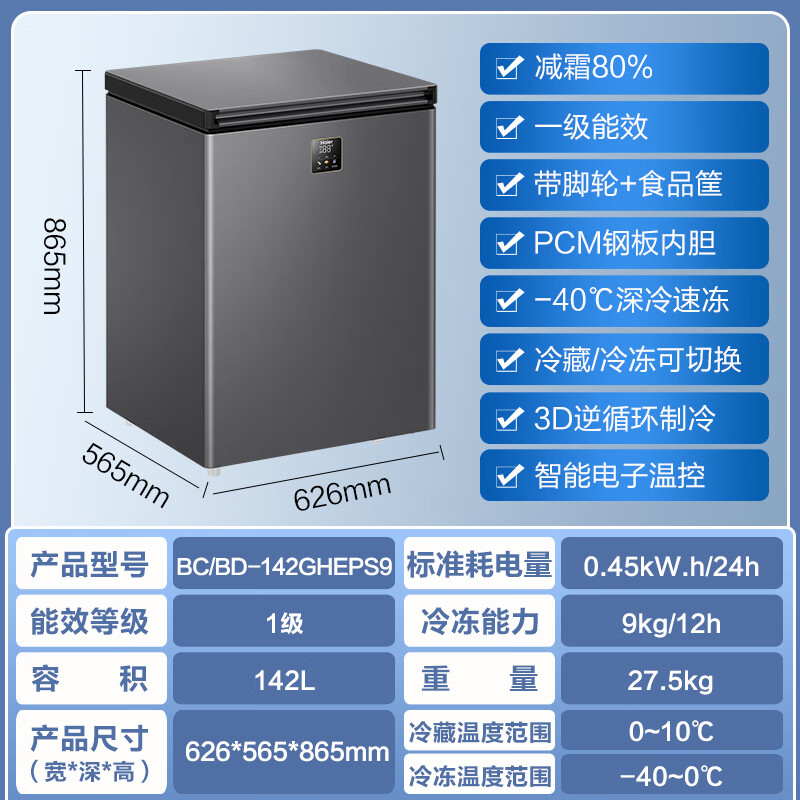 Haier top-of-the-line 80% frost reduction Haier freezer household single-temperature refrigeration and freezing small ultra-low temperature sub-zero quick freezer first-class energy efficiency horizontal small freezer -40丨Electronic temperature control丨PCM liner丨 142L