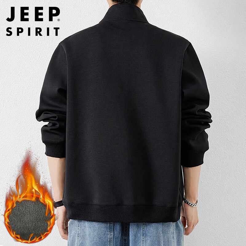 JEEP SPIRIT Jeep Jacket Men's Autumn and Winter Sweater Men's Cardigan Casual Sports Stand Collar Clothes Black Velvet XL