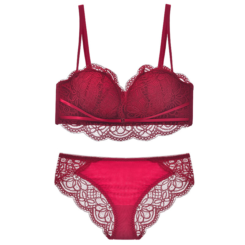 ERTP animal year red underwear for women with flat chest and small breasts, push-up support for secondary breasts, no wire rims, bridal wedding bra set, burgundy 2 (set) 75B =34B