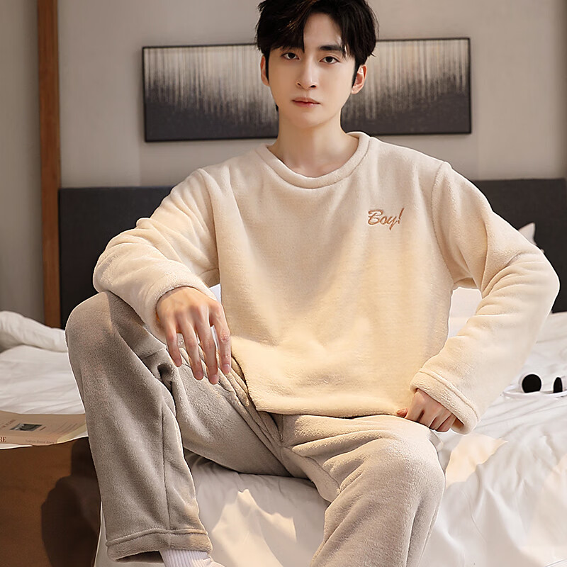 Anjiren Men's Pajamas Men's Autumn and Winter Plus Velvet Flannel Pullover Can Be Weared Outside Home Clothes Set Embroidered Rice 2XL