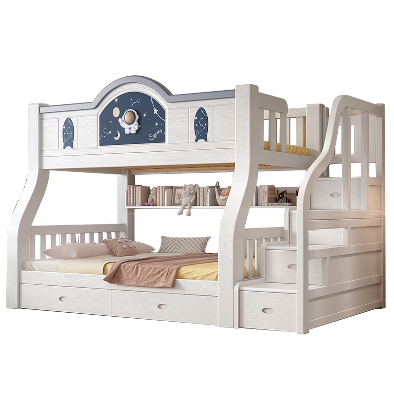 St. Burton bunk bed, solid wood children's bed, siblings do not disturb each other, bunk bed, high and low bed, double bunk bed, ladder cabinet + bookshelf + double drawers + mattress, upper 130, lower 150