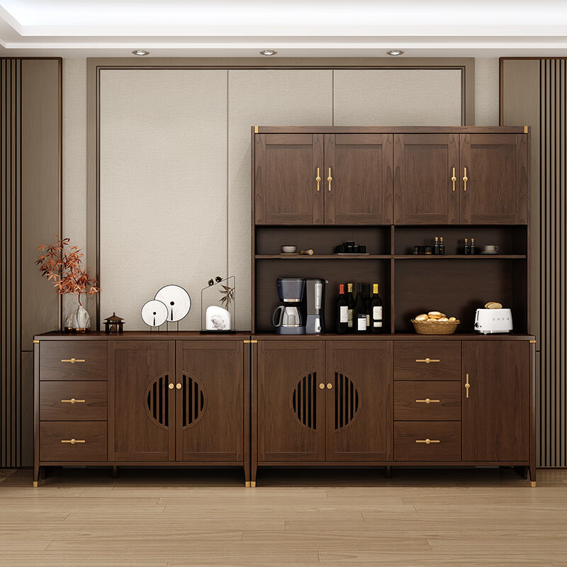 Huanghai Furniture new Chinese style solid wood sideboard tea cabinet wine cabinet multi-functional all-in-one wall storage cupboard home kitchen sideboard metal handle + solid wood cabinet leg length 137CM