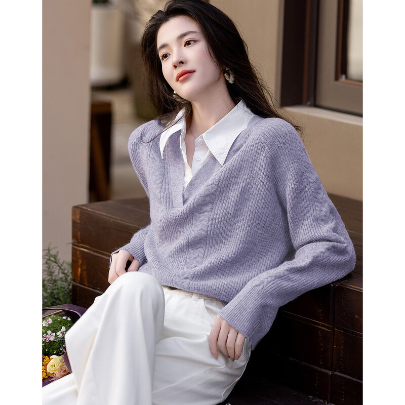 Demana Cloud Sweater Spring and Autumn Simple Style Commuting Spliced Lapel Comfortable Fiber Velvet Yarn Covering Flesh Knitted Sweater Women's Top