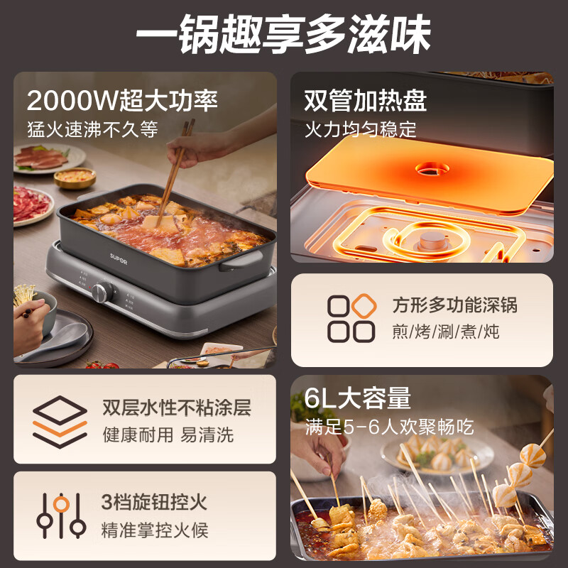 SUPOR electric hot pot hot pot special pot 6L large capacity household multi-functional all-in-one electric hot pot split type removable and washable hot pot pot shabu-shabu pot H3724FK871