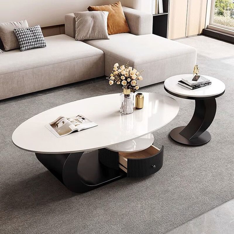 Xunbao slate coffee table modern simple living room home small apartment Italian light luxury high-end Internet celebrity oval coffee table Snow mountain white slate coffee table 120*60 + side table