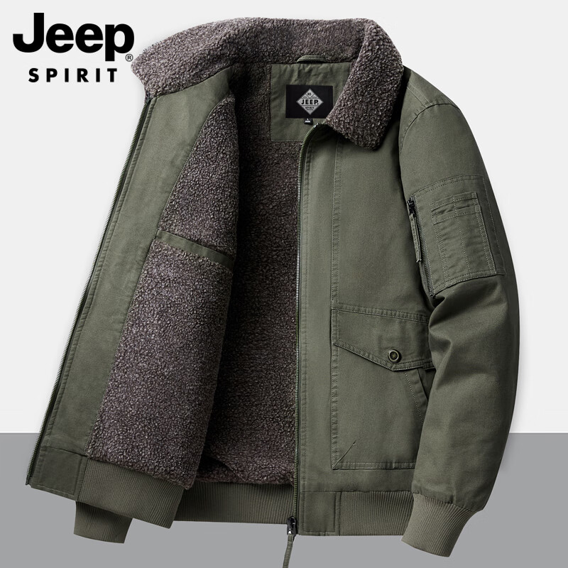 JEEP SPIRIT Jeep winter cotton coat men's pure cotton lapel plus velvet thickened warm workwear cotton jacket lambswool jacket dark blue XL