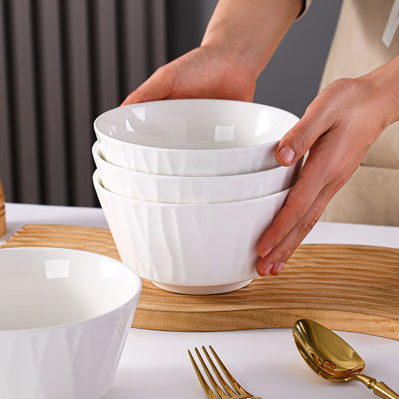 Jie Yajie Ceramic Noodle Bowl Household Large White Porcelain Bowl Underglaze Color 6-inch Large Bowl Rice Bowl 4 Pack White Glaze