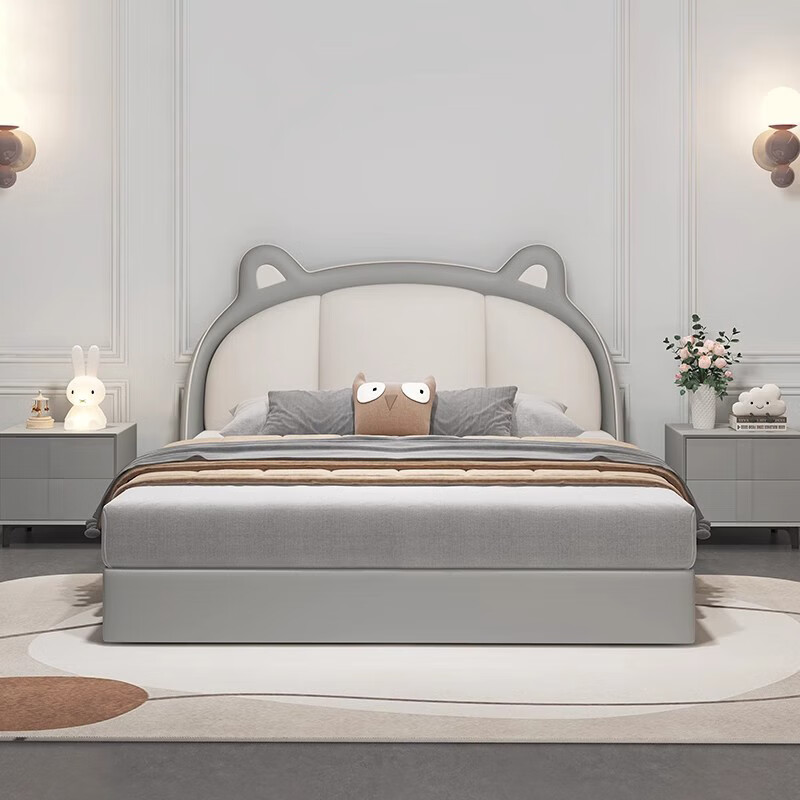 Modern simple children's bed, cream style French leather bed, new style with drawer storage bed, single bed for small apartment bedroom, bed + 918# coconut palm mattress + cabinet 1 + free installation 1.5*2.0 meter frame structure
