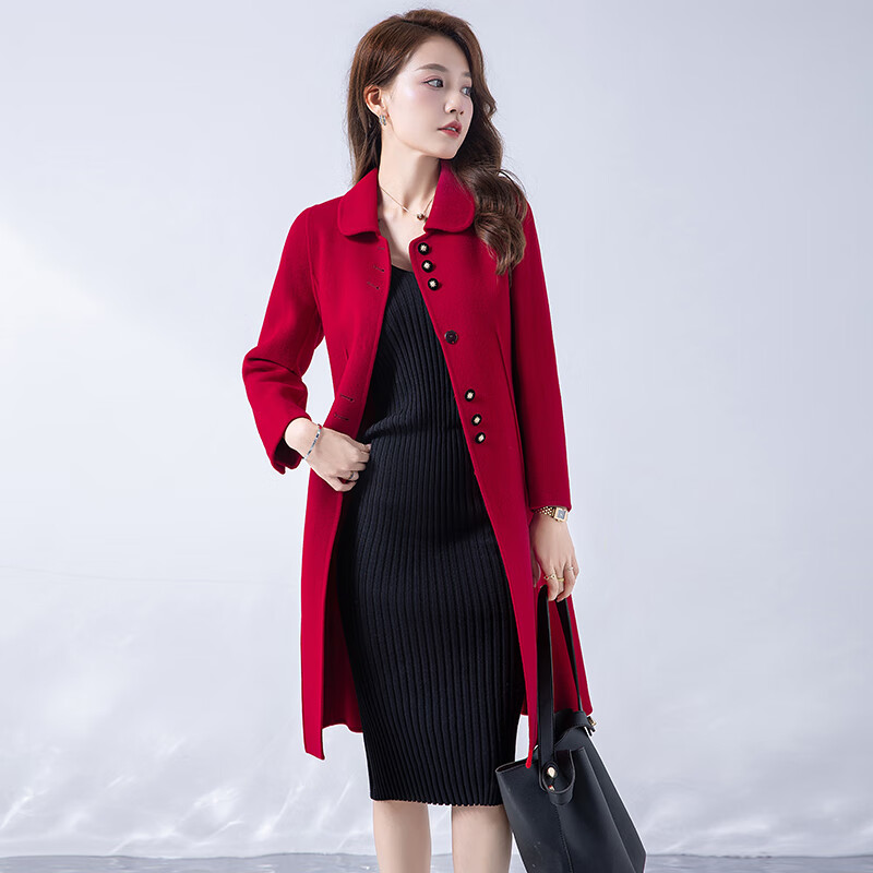 Austrian Double-sided Wool Coat Women's Premium Full Wool Woolen Coat YX21038 Red L