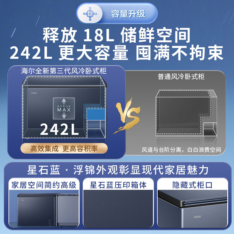 Haier 242L single temperature freezer small household small freezer refrigeration and freezing dual-purpose conversion freezer small refrigerator air-cooled frost-free first-class energy efficiency BC/BD-242WGHED