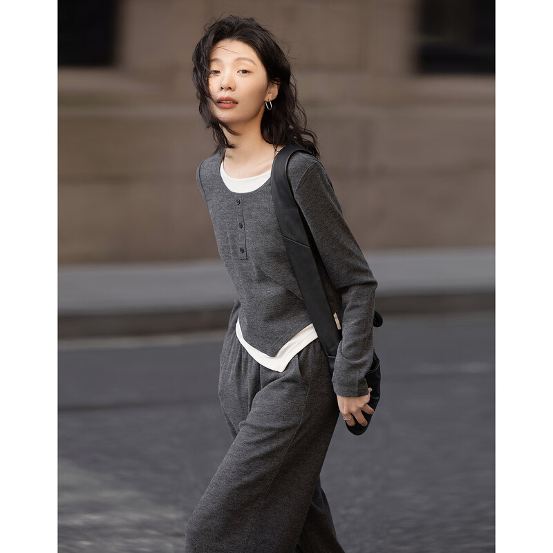 Demana Gray Suit Spring Lazy Long Sleeve Top Elastic Waist Straight Pants Covering Women's Knitted Two-piece Set