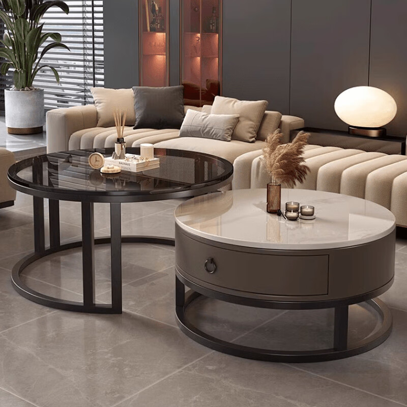 Yusenyi Xinjiang free shipping slate living room home 2025 new small apartment round glass light luxury simple combination coffee table black frame gray cabinet 50 gloss snow mountain white + 70 gloss snow round combination coffee table 卄9mm high gloss slate tabletop