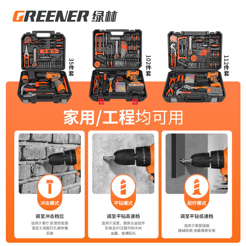 GREENER Lithium Electrician Repair Set Multi-Function Tool Set Brushless Impact Drill Combination Home Car Tool Box 21V Brushless Professional Edition 2 Battery King Set
