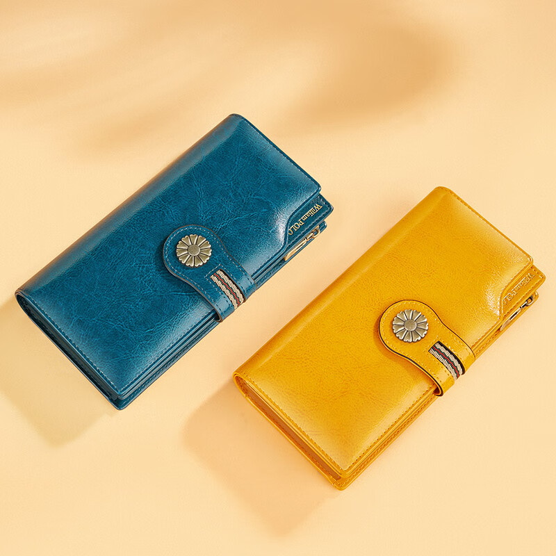 British Paul Genuine Leather Wallet Women's Handbag Women's Small Bag Clutch Long Wallet Card Bag New Year's Gift for Girlfriend and Mom Peacock Blue-Oiled Waxed Cowhide