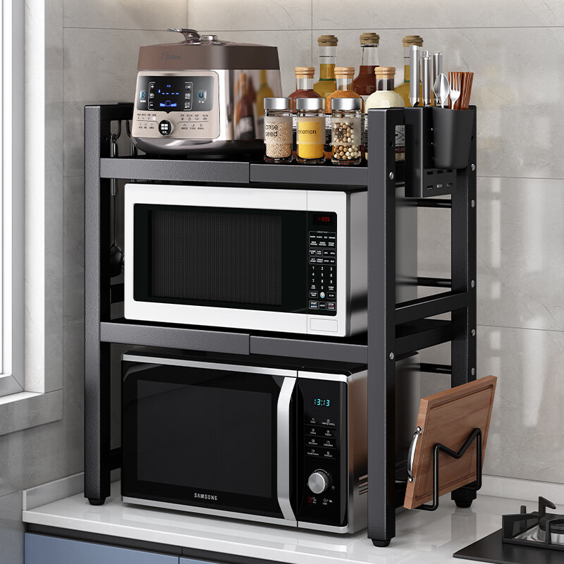 Nifeng retractable microwave kitchen rack oven storage multi-functional telescopic rack rice cooker storage rack single layer retractable + 6 hooks