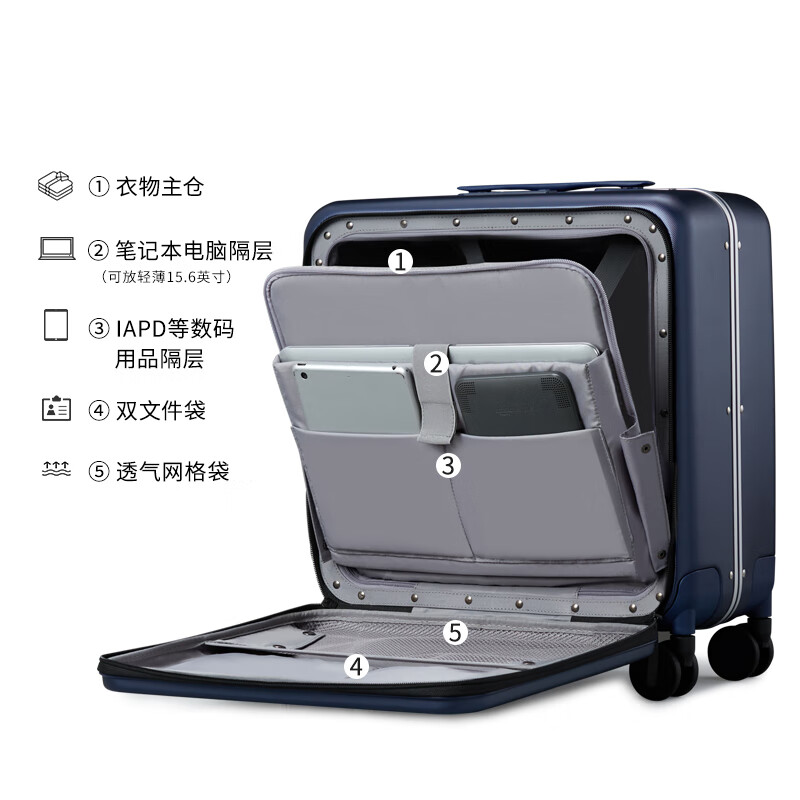 Hanker front-opening trolley case aluminum frame boarding suitcase suitcase 18-inch dark blue men's and women's business password box