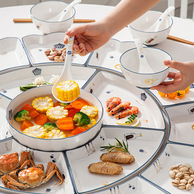 SUMEIJI tableware set, reunion dinner platter, tableware set, ceramic bowl and dish set, household bowls and plates, family New Year's Eve dinner plates and bowls, modern series - 18-piece platter set, 18-piece set