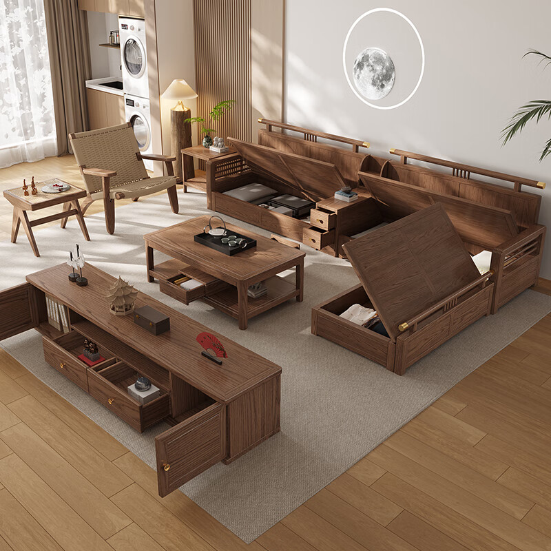 Dynasty Yijing Ash New Chinese Style Solid Wood Sofa Living Room 2026 New Modern Simple Storage Fabric Sofa Small Apartment 8 Sets Four Seats + Imperial Concubine + Long Coffee Table