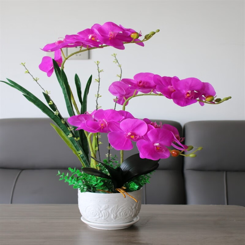 ENRMIIV Phalaenopsis artificial flower set living room ornaments fake flowers coffee table TV cabinet display flower decoration plastic flowers silk flowers 3 purple-red Phalaenopsis 55 cm high