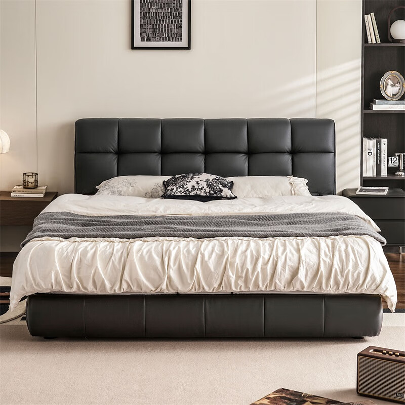 Lin's home leather art bed double bed 1.8m 1.5m master bedroom large bed head layer cowhide bed bedroom furniture TPC662 black brown floor bed 1.8mx2m bed + 0 glue spine pad (20cm)
