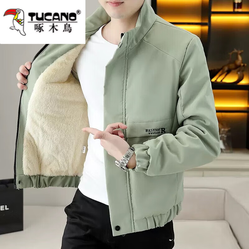 Woodpecker jacket men's autumn and winter 2025 velvet thickening trendy handsome casual versatile jacket tops young men's clothing K108/velvet/beige L