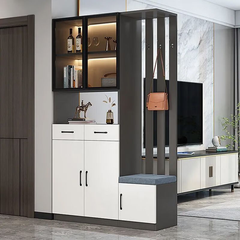 Shantou Lincun front door entrance cabinet shoe cabinet integrated modern simple living room screen partition cabinet multi-functional wine cabinet simple gray + length 120 left shoe changing stool solid wood ecological board installed by yourself - save money