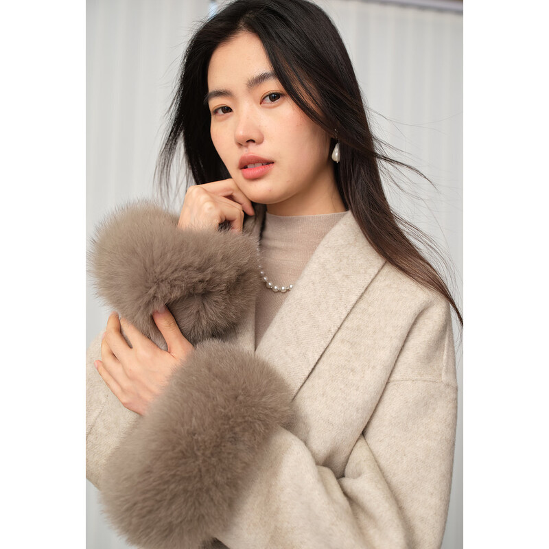 Eveli (eifini) Jiang Xin endorses all-wool cuffs removable decorative belt waist-cinching short double-sided woolen coat winter new style light brown L 165/88A
