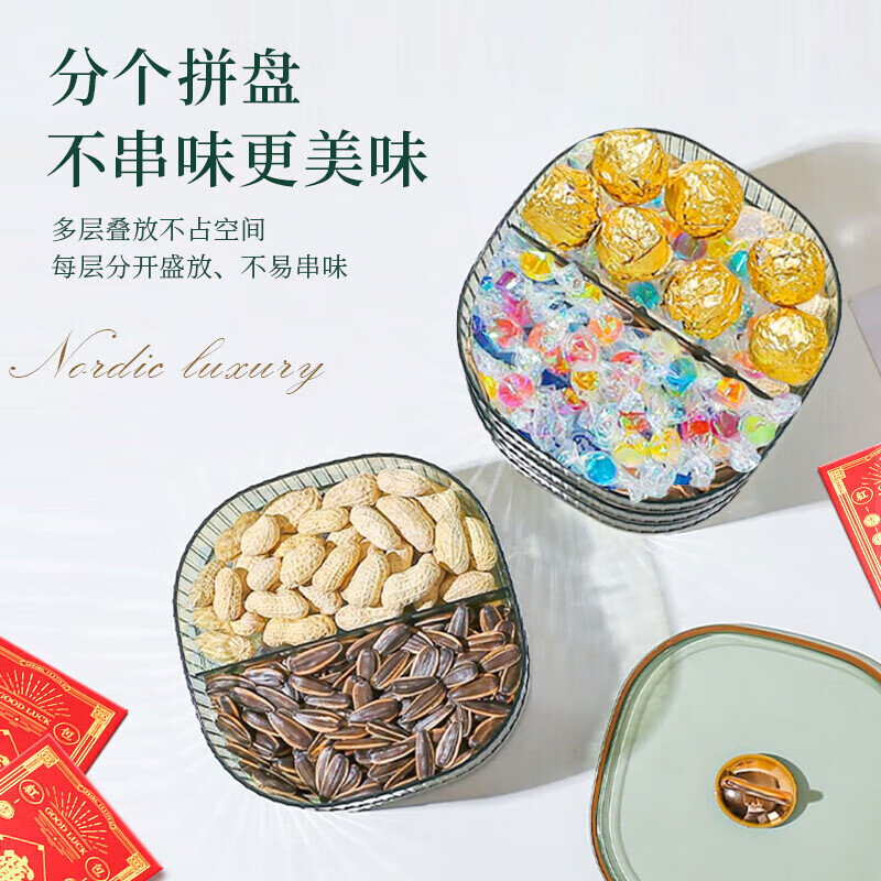 Baicaoyuan Candy Box Fruit Plate Melon Seeds Dried Fruit Nut Fruit Plate Compartment Snack Storage Box Living Room Light Luxury Green Three-Layer Cover