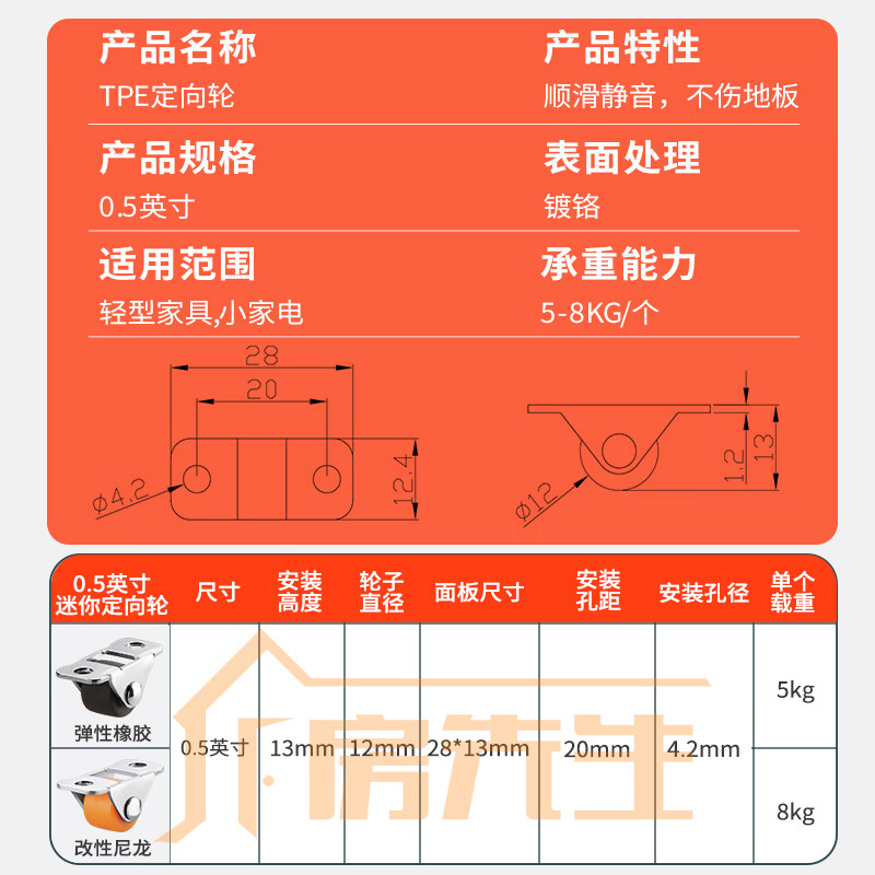 Mr. Fang silent tatami drawer directional pulley bearing rubber caster bedside cabinet bottom small roller universal wheel shoe cabinet kick pump 0.5 inch rubber directional wheel 4