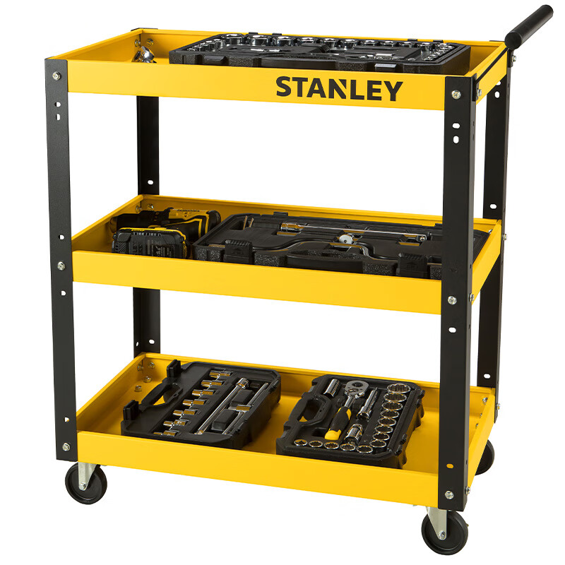STANLEY Tool Trolley Auto Repair Storage Trolley Industrial Grade Workshop Shelf Mobile Tool Box with Drawer Parts Trolley 3-Gate Tool Trolley with Hanging Plate STST74321-23