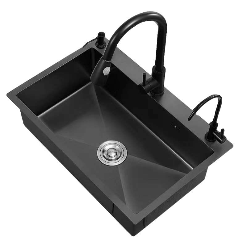 Jiumuwang thickened 304 stainless steel sink large single-slot wash basin home kitchen sink three-hole black nano three-hole basin black 80*45 pull-out faucet package