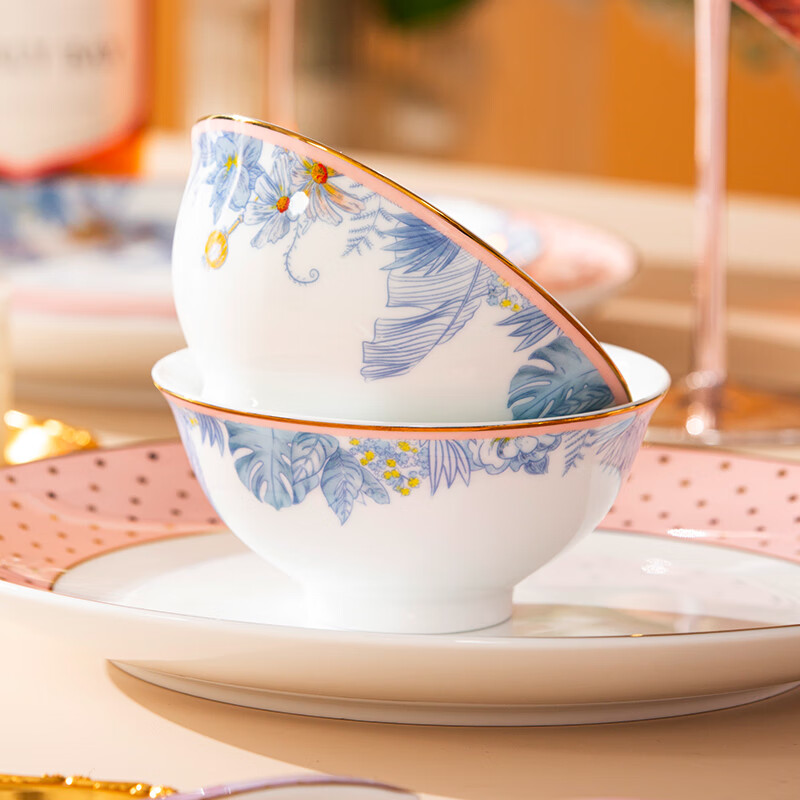 Tao Xichuan CERAMIC ART AVENUE Jingdezhen Ceramic Dinner Bowls and Tableware Sets for Home Glazed Chinese Couple Food Combo Souvenirs Pink Jungle-8 Inch Shallow Plate*1