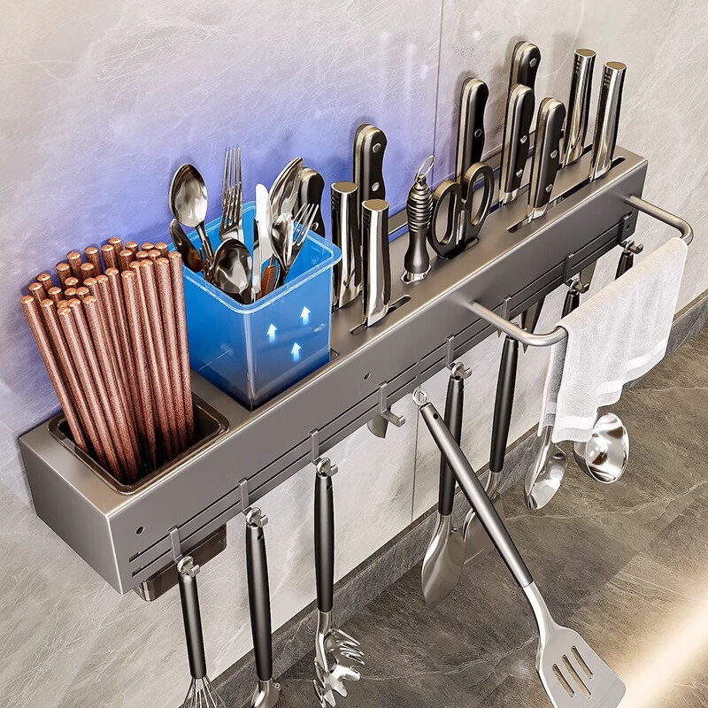 Hu Xiansen stainless steel kitchen rack multi-functional punch-free knife holder storage rack chopstick cage chopstick tube wall-mounted 40CM