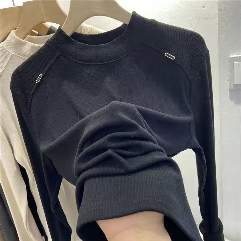 Luo Dada bottoming shirt for women in autumn and winter new casual round neck slimming long-sleeved T-shirt for women with warm tops brown XL recommended 110-120 pounds