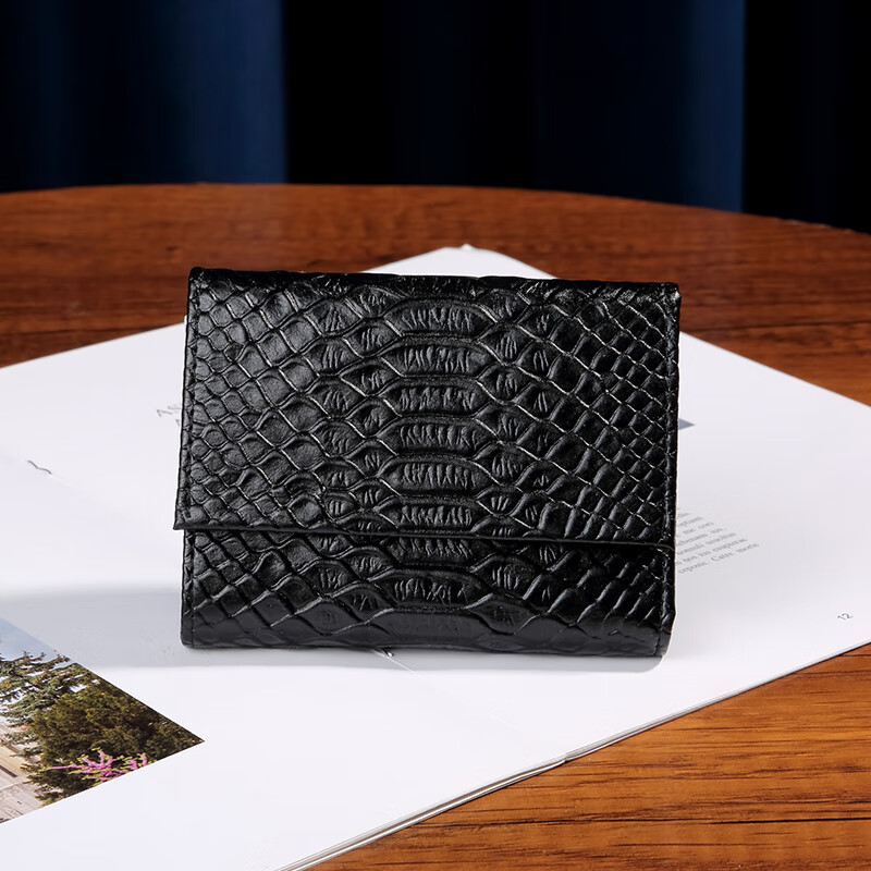 Sephoron fashionable crocodile pattern cowhide three-fold short small wallet, ultra-thin and simple banknote holder, multiple card slots, card holder for driver's license, black - first layer cowhide, ultra-thin and simple