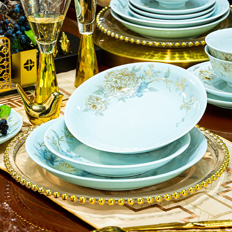 NINE CRANES Jingdezhen 2024 Celadon Tableware Set Light Luxury High-end Dishes Set Home Moving Bowl and Chopsticks Plate Set Celadon 10-Person Set High-end Brocade Box 70 Pieces