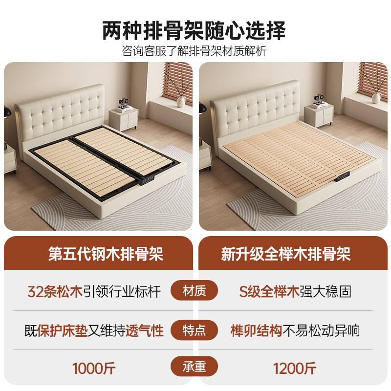 Kaderi waffle bed cream style French medieval retro style thin bed headboard leather bed small apartment storage double bed beech wood rib frame Victory series single bed frame structure 1800mm*2000mm