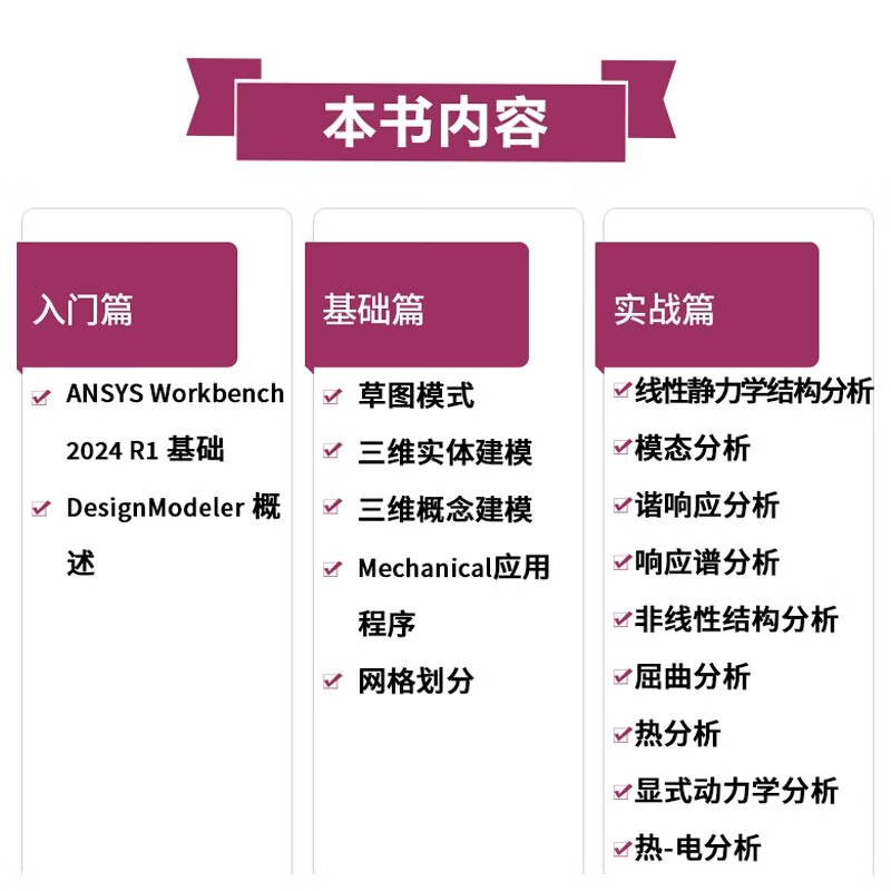 Chinese version of ANSYS Workbench 2024 Finite Element Analysis from entry to proficiency DesignModeler Overview Sketch Mode 3D Solid Modeling 3D Conceptual Modeling Mechanical Applications and Meshing