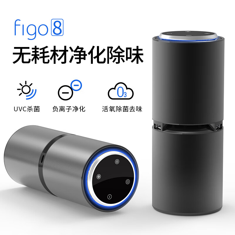 Figo8 car negative ion ozone air purifier car removes formaldehyde, smoke, odor, haze, new car gift for men and women, space black (negative ions + ozone + UVC)