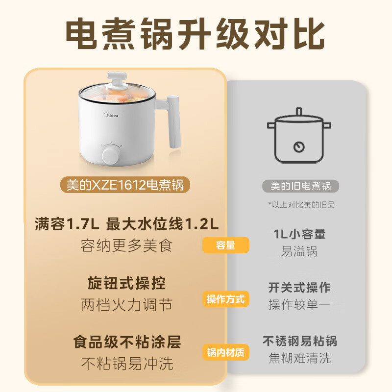 Midea electric cooking pot, electric hot pot, small electric pot, dormitory small pot, student dormitory all-in-one instant noodle small hot pot electric cooking pot, multi-function pot 1.7L electric hot pot XZE1612