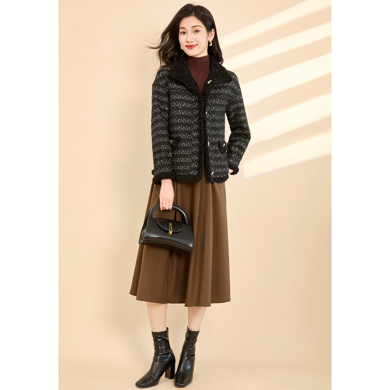 Kebei's double-sided Xiaoxiangfeng woolen coat for women winter new style plus velvet thickened plush short top black M