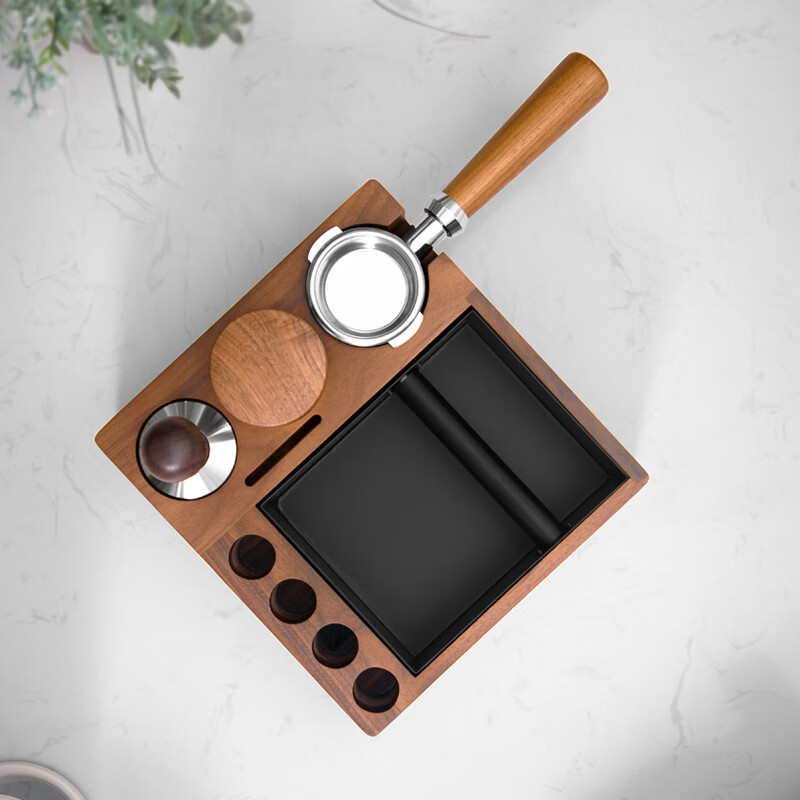 MOJAE nine-hole walnut coffee tamping base, tamper powder spreader handle, wooden base, coffee utensil storage base, nine-hole combination wooden base set, 51mm set