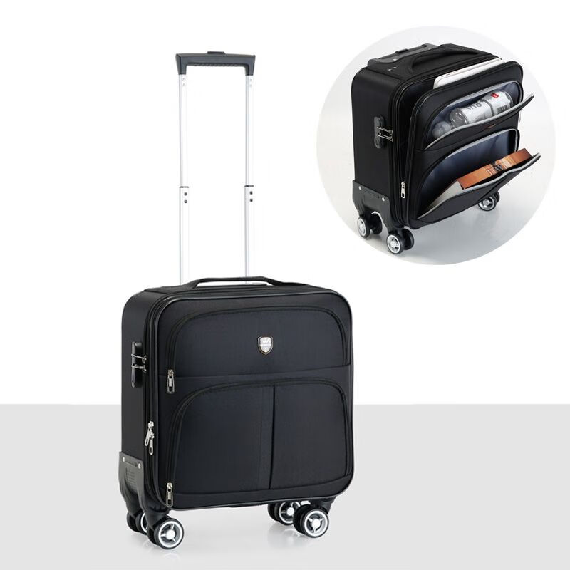 Nimense Oxford Budden chassis women's ultra-light suitcase men's business trip customized suitcase flip cover small leather suitcase horizontal style side opening 0269 black silent universal wheel 16 inches comes with dust cover for boarding