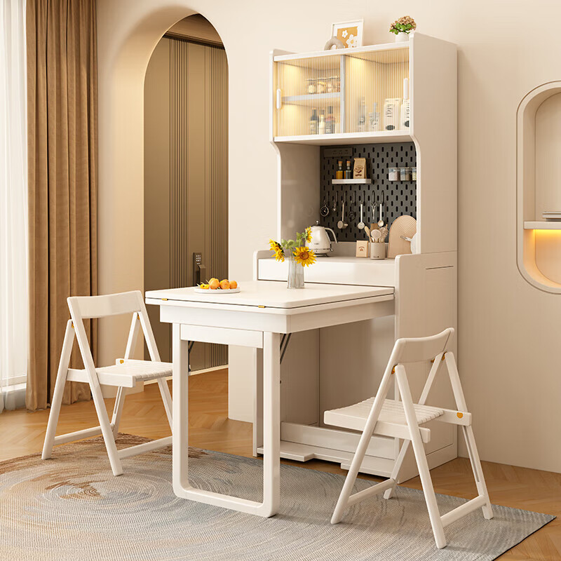 Senneng retractable folding dining table modern simple household small apartment storage sideboard multi-functional cream style dining table 64cm retractable dining table + folding leather chair x4