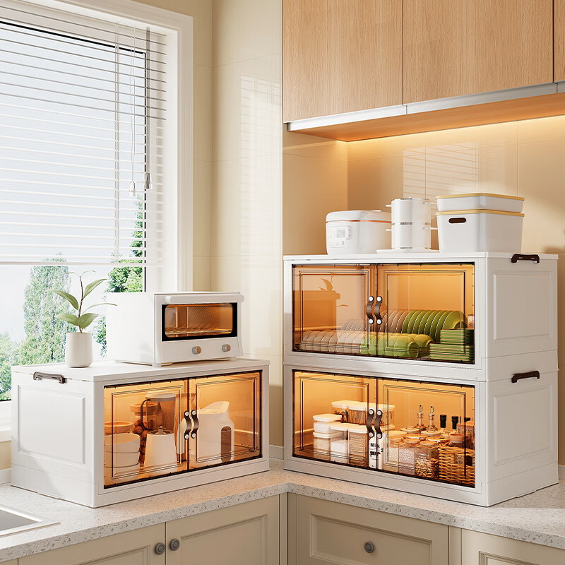 Lazy space installation-free small cupboard kitchen storage rack dish rack tableware storage cabinet kitchen utensils dust-proof storage rack hot-selling recommendation 45CM double layer-swivel wheel installation-free foldable/shelf load-bearing/falling free compensation