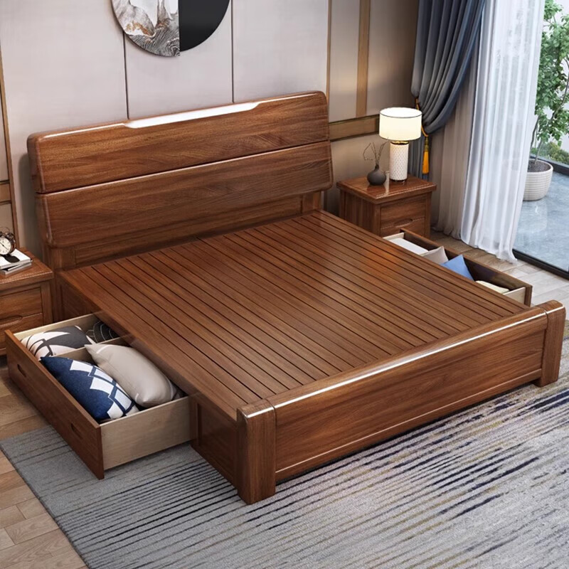 Youkaji walnut Chinese solid wood bed 1.8mx2m master bedroom double bed storage bed 1922 1.8m frame